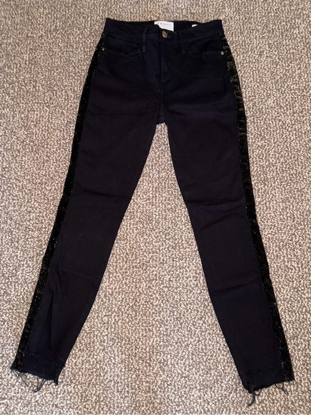 Frame Denim Black Skinny Jeans with Sparkle Side Velour Trim